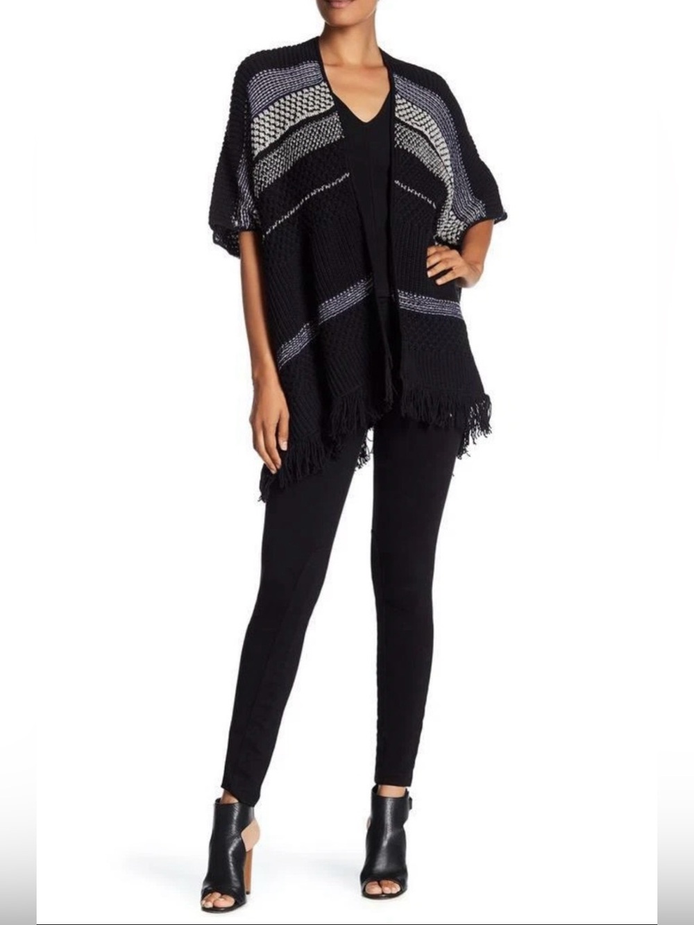 Joie Jolana Fringe Hem Black Knit Poncho Sweater Size XXS-Small Cozy Boho